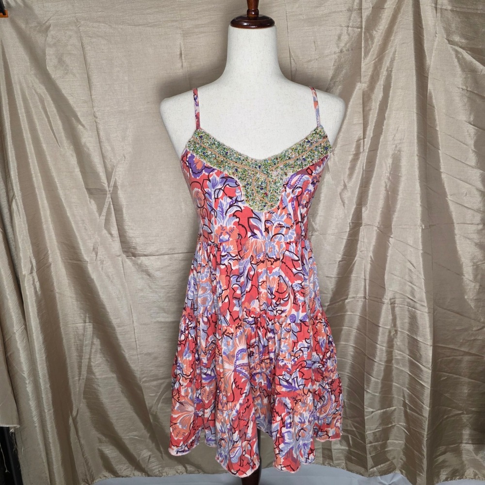 Free People Floral Paisley Beaded V-Neck Tiered Mini Dress Orange‎ Purple XS